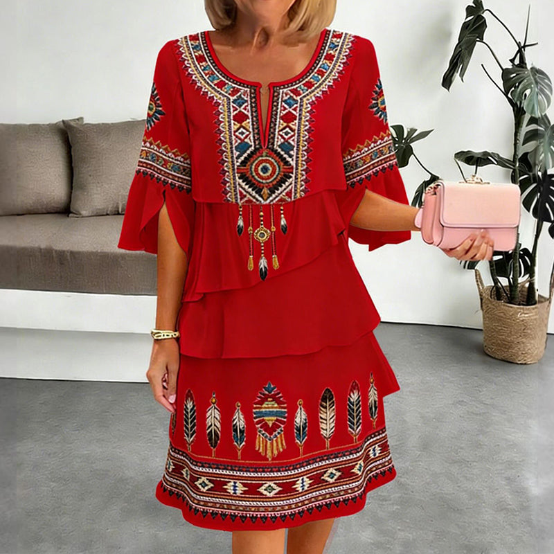 Damen Vintage-Ethno-Print Stufenkleid
