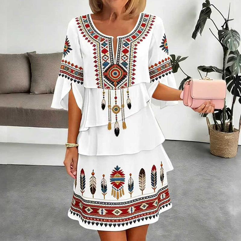 Damen Vintage-Ethno-Print Stufenkleid