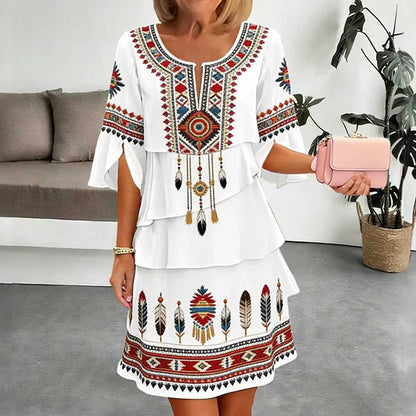 Damen Vintage-Ethno-Print Stufenkleid