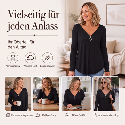 📢📢50%Rabatt!!!🎉✨Langarmshirt mit Reißverschluss und V-Ausschnitt für Damen