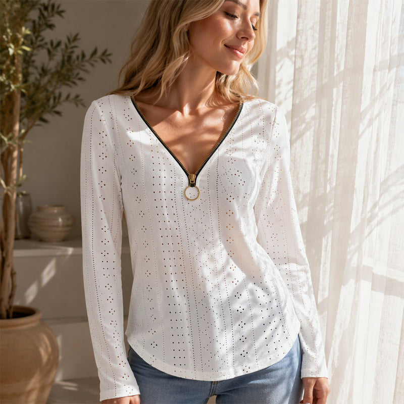 📢📢50%Rabatt!!!🎉✨Langarmshirt mit Reißverschluss und V-Ausschnitt für Damen
