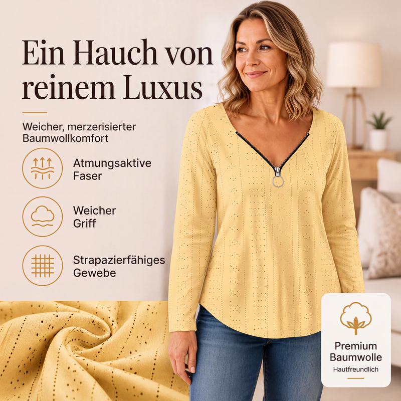 📢📢50%Rabatt!!!🎉✨Langarmshirt mit Reißverschluss und V-Ausschnitt für Damen