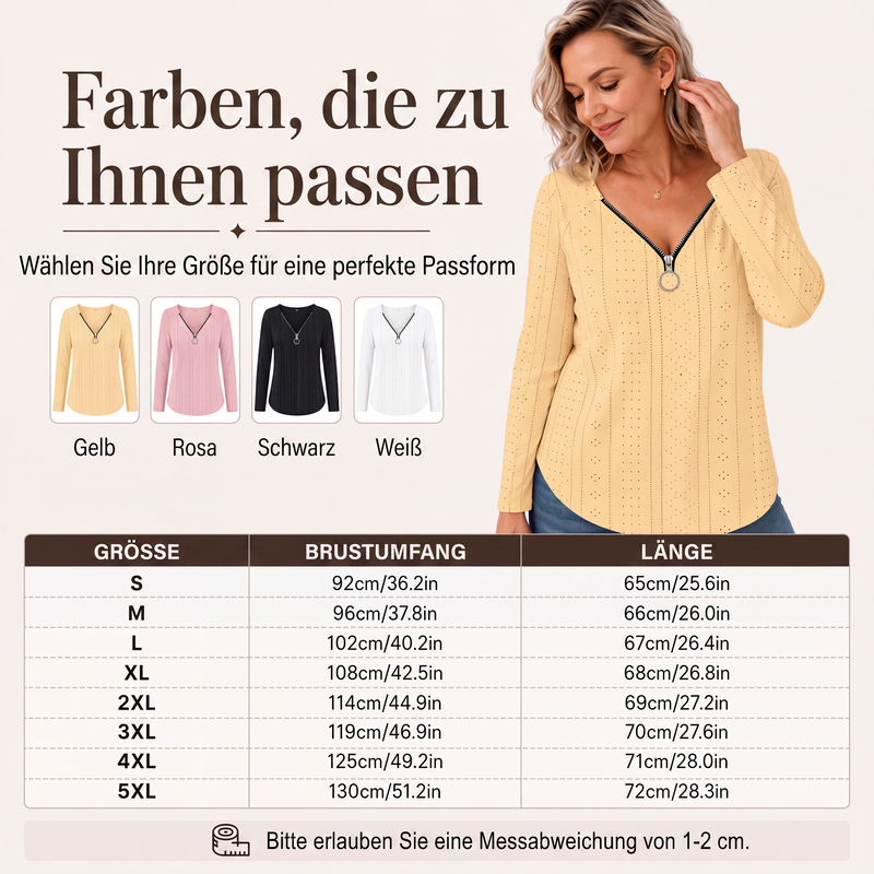📢📢50%Rabatt!!!🎉✨Langarmshirt mit Reißverschluss und V-Ausschnitt für Damen