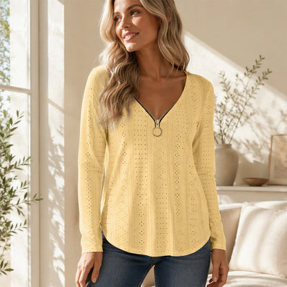 📢📢50%Rabatt!!!🎉✨Langarmshirt mit Reißverschluss und V-Ausschnitt für Damen