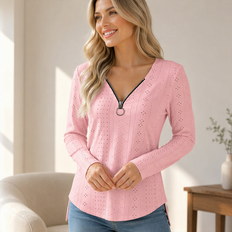 📢📢50%Rabatt!!!🎉✨Langarmshirt mit Reißverschluss und V-Ausschnitt für Damen