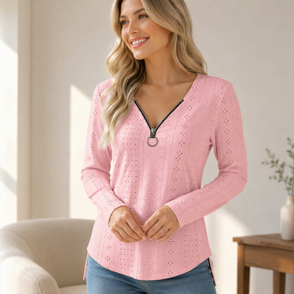 📢📢50%Rabatt!!!🎉✨Langarmshirt mit Reißverschluss und V-Ausschnitt für Damen