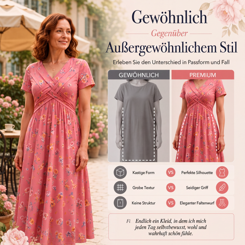 🌸 50 % RABATT | Mühelose Eleganz – Florales V-Ausschnitt-Kleid mit schmeichelhaftem Taillendetail