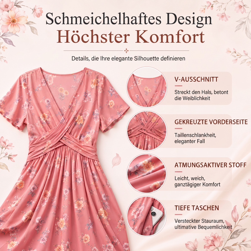 🌸 50 % RABATT | Mühelose Eleganz – Florales V-Ausschnitt-Kleid mit schmeichelhaftem Taillendetail