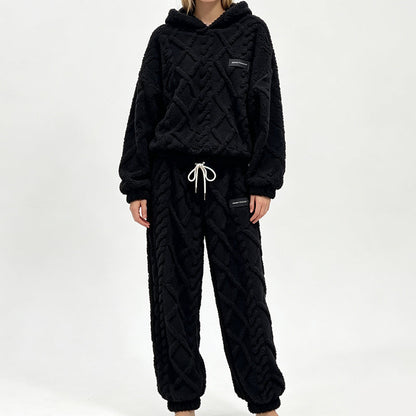📢📢50%Rabatt!!!🎉✨Plüsch-Zopfmuster-Kapuzenpullover & -Hosen-Set für Damen – Kuscheliger Plüsch, wärmendes Zopfmuster & perfekt aufeinander abgestimmt