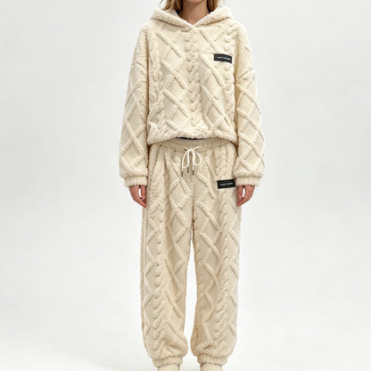 📢📢50%Rabatt!!!🎉✨Plüsch-Zopfmuster-Kapuzenpullover & -Hosen-Set für Damen – Kuscheliger Plüsch, wärmendes Zopfmuster & perfekt aufeinander abgestimmt