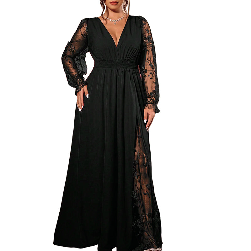 📢📢50%Rabatt!!!🎉✨Elegantes Damen-Maxikleid mit V-Ausschnitt und Spitzenapplikationen