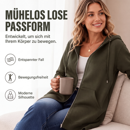 📢📢50%Rabatt!!!🎉✨Mittellange Kapuzen-Sweatjacke für Damen, lässige Strickjacke mit Reißverschluss und Taschen