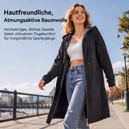 📢📢50%Rabatt!!!🎉✨Mittellange Kapuzen-Sweatjacke für Damen, lässige Strickjacke mit Reißverschluss und Taschen