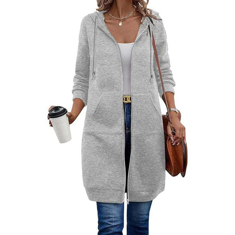 📢📢50%Rabatt!!!🎉✨Mittellange Kapuzen-Sweatjacke für Damen, lässige Strickjacke mit Reißverschluss und Taschen