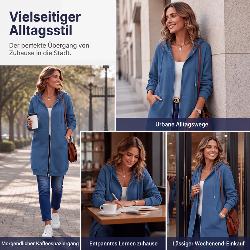📢📢50%Rabatt!!!🎉✨Mittellange Kapuzen-Sweatjacke für Damen, lässige Strickjacke mit Reißverschluss und Taschen