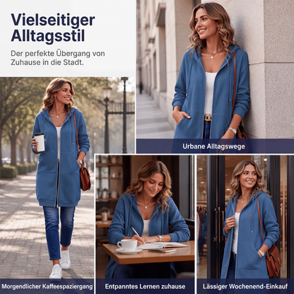 📢📢50%Rabatt!!!🎉✨Mittellange Kapuzen-Sweatjacke für Damen, lässige Strickjacke mit Reißverschluss und Taschen