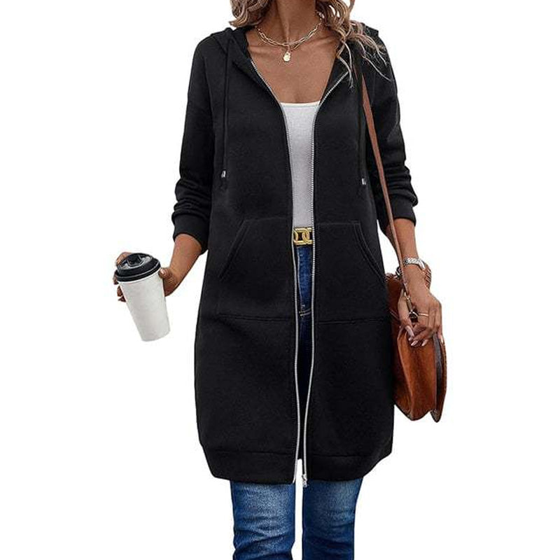 📢📢50%Rabatt!!!🎉✨Mittellange Kapuzen-Sweatjacke für Damen, lässige Strickjacke mit Reißverschluss und Taschen