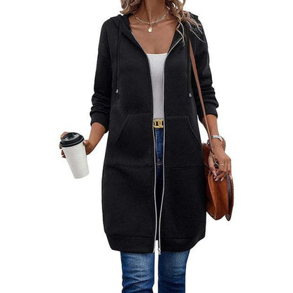 📢📢50%Rabatt!!!🎉✨Mittellange Kapuzen-Sweatjacke für Damen, lässige Strickjacke mit Reißverschluss und Taschen