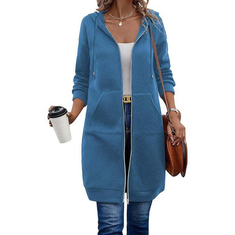 📢📢50%Rabatt!!!🎉✨Mittellange Kapuzen-Sweatjacke für Damen, lässige Strickjacke mit Reißverschluss und Taschen