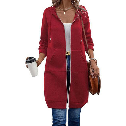 📢📢50%Rabatt!!!🎉✨Mittellange Kapuzen-Sweatjacke für Damen, lässige Strickjacke mit Reißverschluss und Taschen
