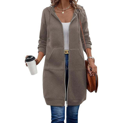 📢📢50%Rabatt!!!🎉✨Mittellange Kapuzen-Sweatjacke für Damen, lässige Strickjacke mit Reißverschluss und Taschen