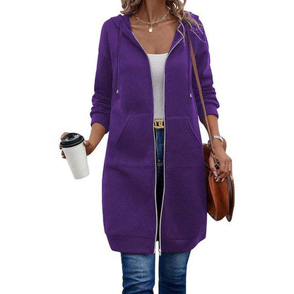 📢📢50%Rabatt!!!🎉✨Mittellange Kapuzen-Sweatjacke für Damen, lässige Strickjacke mit Reißverschluss und Taschen