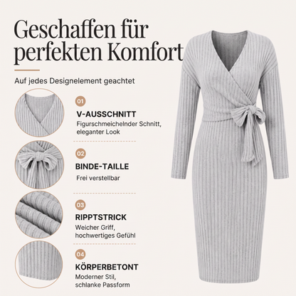 📢📢50%Rabatt!!!🎉✨Elegantes Damen-Rippstrick-Wickelkleid mit V-Ausschnitt & Bindegürtel – Figurbetonter Schnitt, weicher Rippstrick & vielseitig kombinierbar – Perfekt für Alltag, Büro & besondere Anlässe – Jetzt -50%!