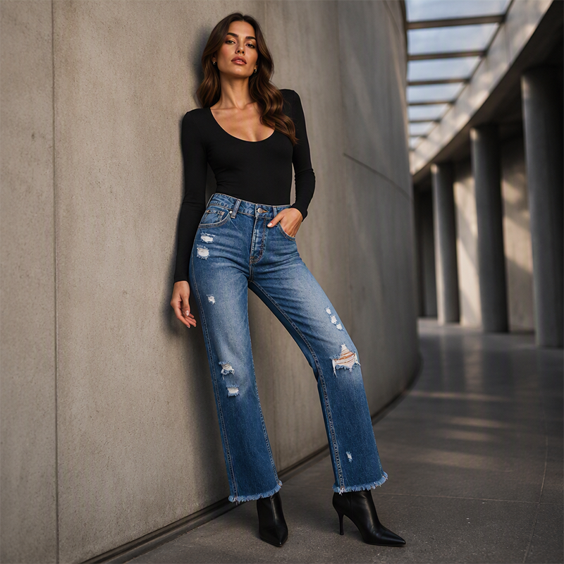 📢🎉50%Rabatt!!!🛍️✨Damen-Jeans im Used-Look mit geradem Bein