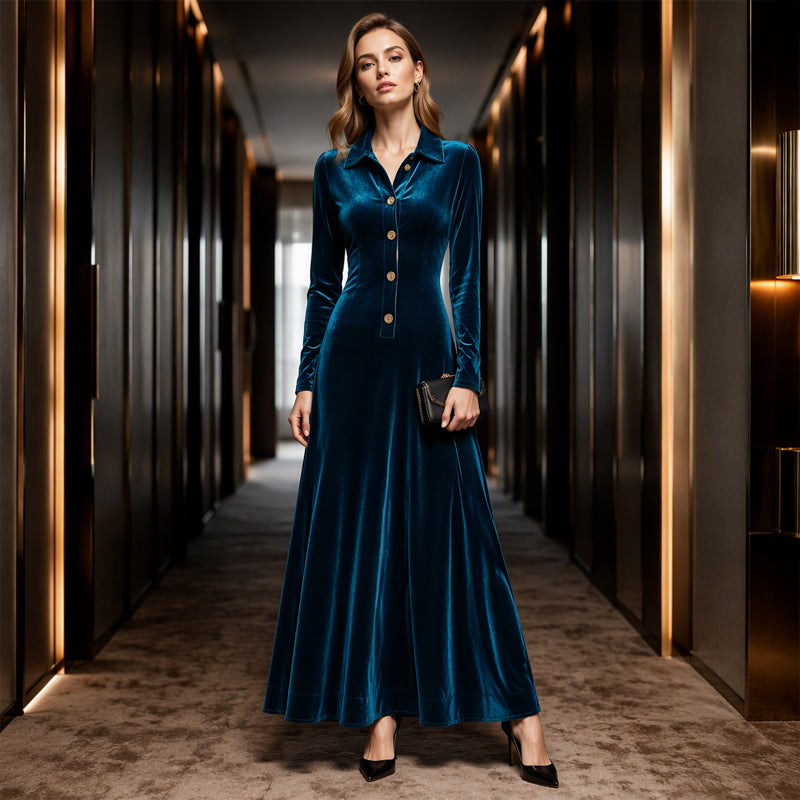 Damen Vintage Samt-A-Linien-Kleid mit Knopfleiste vorne