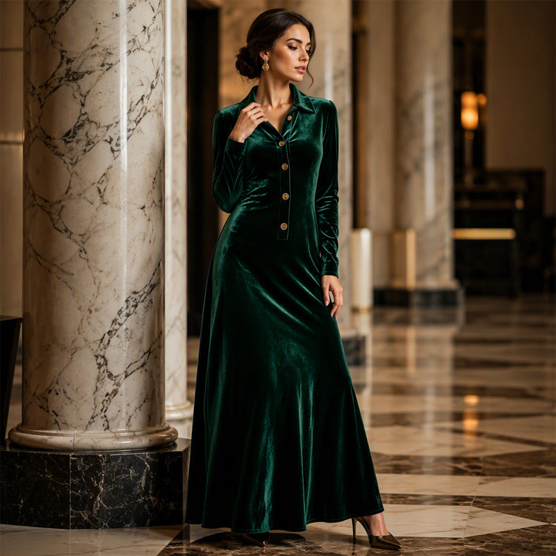 Damen Vintage Samt-A-Linien-Kleid mit Knopfleiste vorne