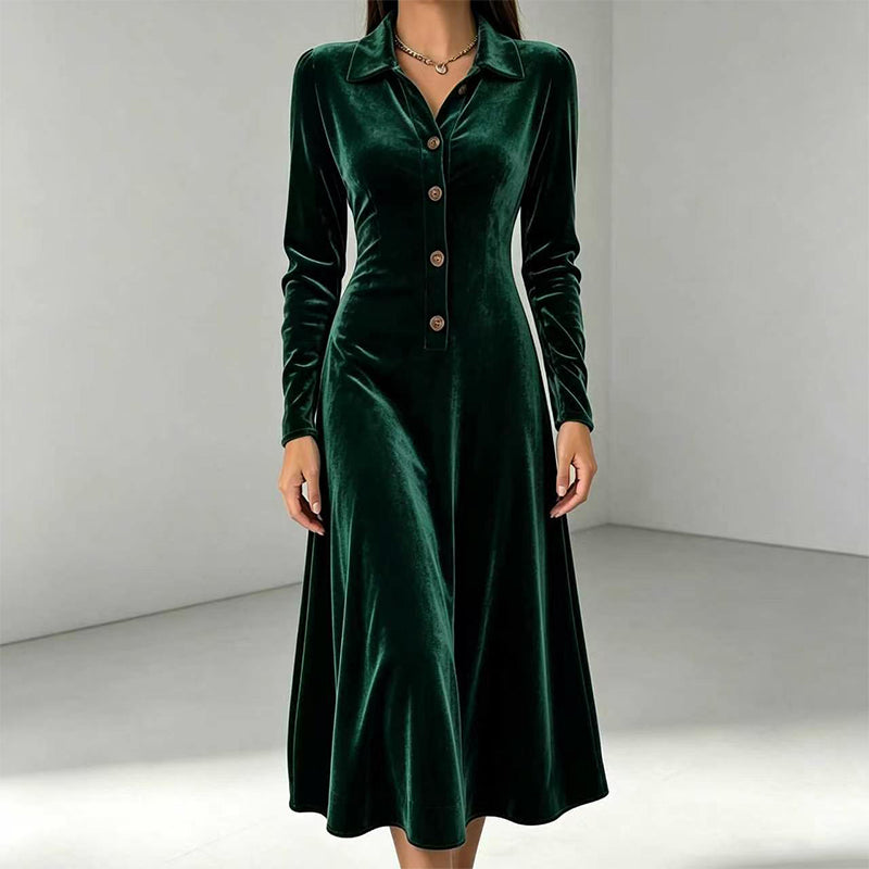 Damen Vintage Samt-A-Linien-Kleid mit Knopfleiste vorne