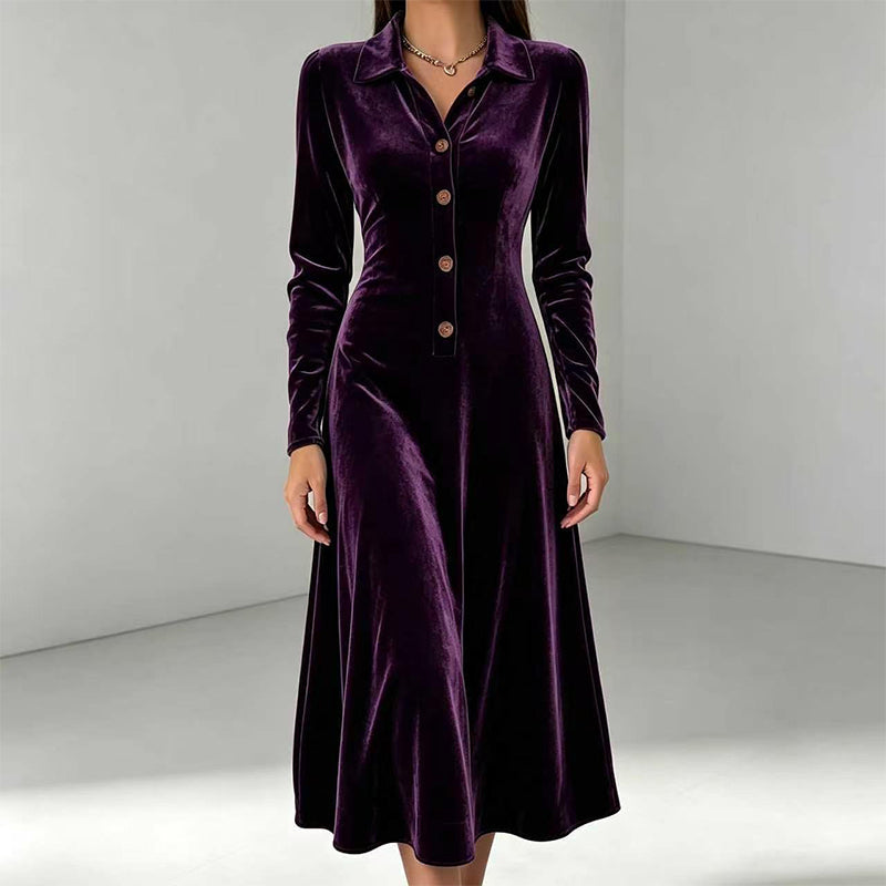 Damen Vintage Samt-A-Linien-Kleid mit Knopfleiste vorne