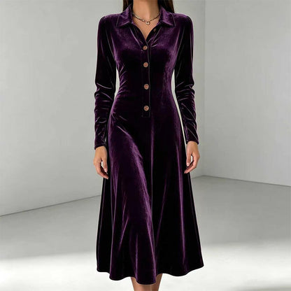Damen Vintage Samt-A-Linien-Kleid mit Knopfleiste vorne