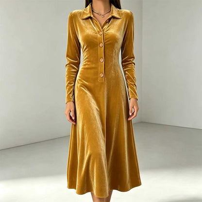 Damen Vintage Samt-A-Linien-Kleid mit Knopfleiste vorne
