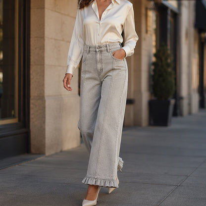 📢📢50%Rabatt!!!🎉✨Damen Jeans mit Rüschensaum – Verspielter Rüschen-Akzent, lässiger Denim-Look & vielseitig kombinierbar – Perfekt für Alltag, Freizeit & coole Looks – Jetzt -50%!