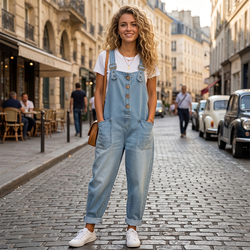 👖 50 % RABATT | Lässig, bequem & unkompliziert – Damen Jeans-Latzhose mit weitem Bein & Taschen