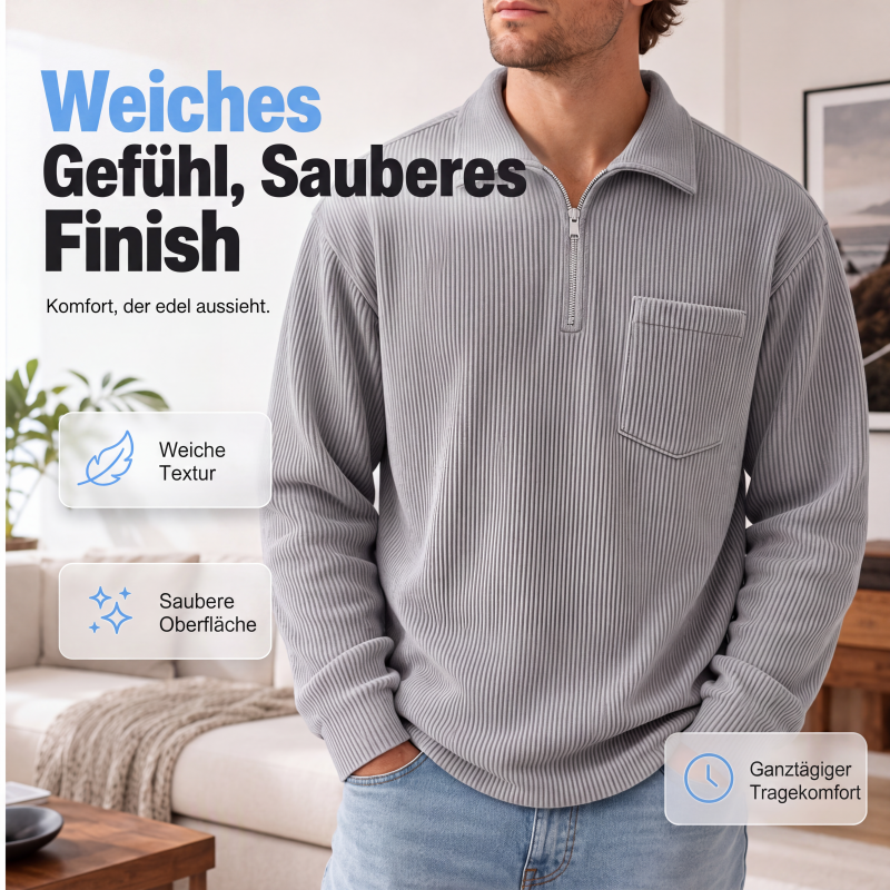 Herren-Casual-Pullover mit Rippenmuster und Halb-Reißverschluss