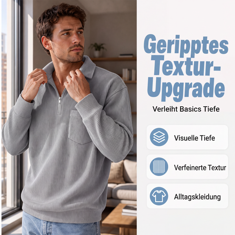 Herren-Casual-Pullover mit Rippenmuster und Halb-Reißverschluss