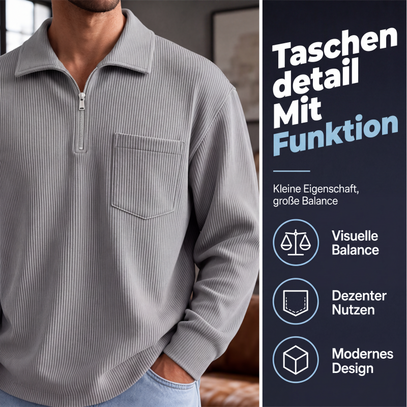 Herren-Casual-Pullover mit Rippenmuster und Halb-Reißverschluss