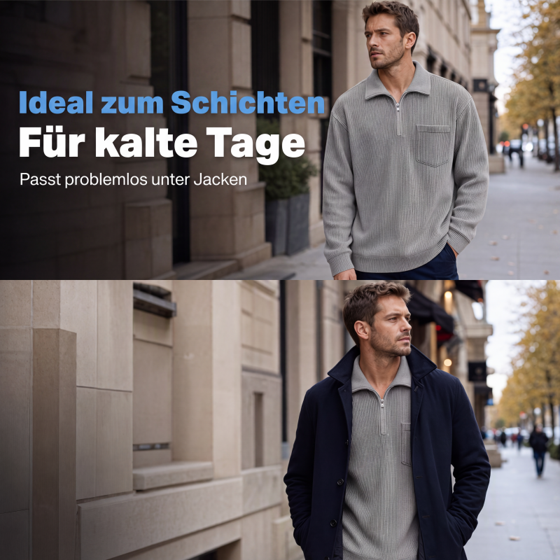 Herren-Casual-Pullover mit Rippenmuster und Halb-Reißverschluss
