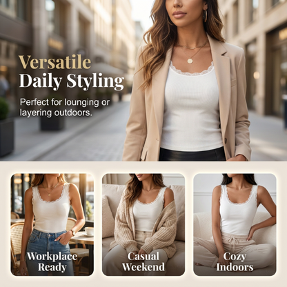 🔥✨ 1 GEKAUFT 1 GRATIS! Damen Slim Fit Rippträger – Integrierter Bügel-BH, Spitzenbordüre V-Ausschnitt, Dehnbarer Baumwollstoff, Glatter Rücken · Schwarz Weiß Grau · S bis XL ⏰