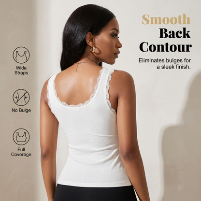 🔥✨ 1 GEKAUFT 1 GRATIS! Damen Slim Fit Rippträger – Integrierter Bügel-BH, Spitzenbordüre V-Ausschnitt, Dehnbarer Baumwollstoff, Glatter Rücken · Schwarz Weiß Grau · S bis XL ⏰
