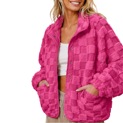 📢📢50% Rabatt!!! 🎉✨ Plüschjacke mit Karomuster & Druckknöpfen für Damen