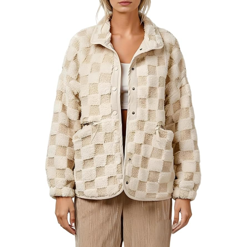 📢📢50% Rabatt!!! 🎉✨ Plüschjacke mit Karomuster & Druckknöpfen für Damen