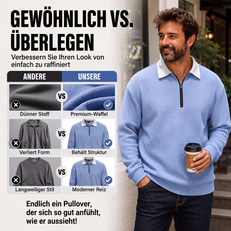 📢📢50% Rabatt!!! 🎉✨ Herren Waffelstrick Sweatshirt mit Halbreißverschluss & Kragen
