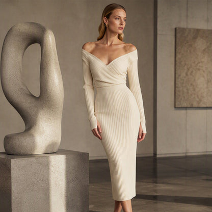 📢📢50% Rabatt!!! 🎉✨ Elegantes geripptes Strick-Wickelkleid mit V-Ausschnitt für Damen
