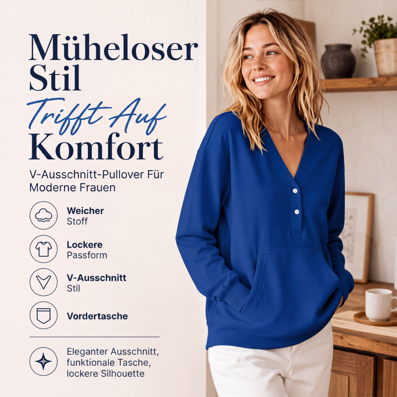 📢📢50% Rabatt!!! 🎉✨ Legeres Damen-Sweatshirt mit V-Ausschnitt & Knöpfen – Lässiger V-Ausschnitt, praktische Knopfleiste und weiches Material – perfekt für einen entspannten Look im Alltag & in der Freizeit. Jetzt -50%!
