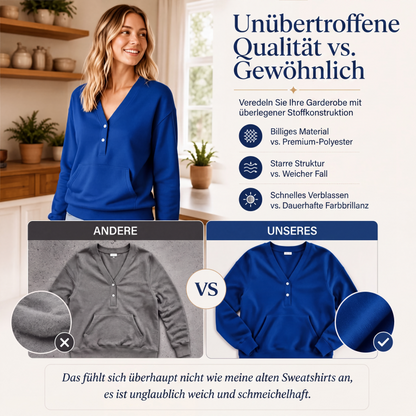 📢📢50% Rabatt!!! 🎉✨ Legeres Damen-Sweatshirt mit V-Ausschnitt & Knöpfen – Lässiger V-Ausschnitt, praktische Knopfleiste und weiches Material – perfekt für einen entspannten Look im Alltag & in der Freizeit. Jetzt -50%!