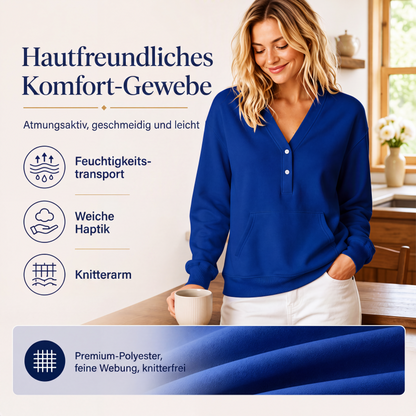 📢📢50% Rabatt!!! 🎉✨ Legeres Damen-Sweatshirt mit V-Ausschnitt & Knöpfen – Lässiger V-Ausschnitt, praktische Knopfleiste und weiches Material – perfekt für einen entspannten Look im Alltag & in der Freizeit. Jetzt -50%!