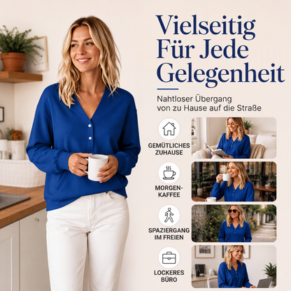 📢📢50% Rabatt!!! 🎉✨ Legeres Damen-Sweatshirt mit V-Ausschnitt & Knöpfen – Lässiger V-Ausschnitt, praktische Knopfleiste und weiches Material – perfekt für einen entspannten Look im Alltag & in der Freizeit. Jetzt -50%!